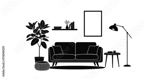 Minimalist living room interior with sofa plant lamp and framed artwork