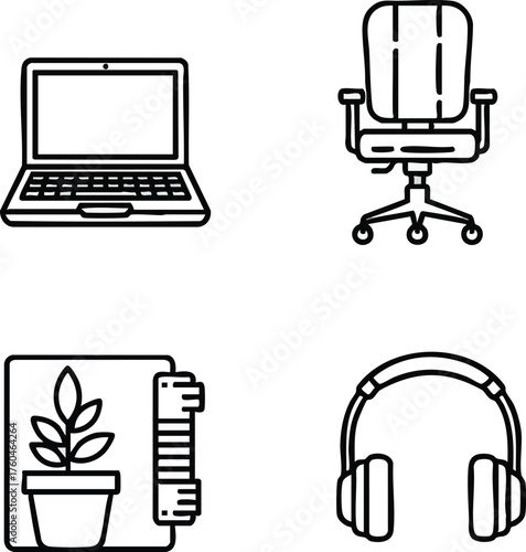 Office workspace essentials featuring laptop chair plant and headphones.