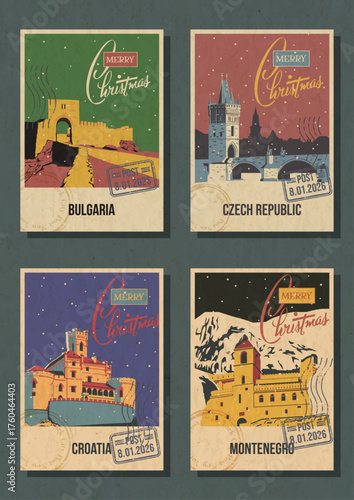 Merry Christmas Greeting Card Set. Bulgaria, Czech Republic, Croatia, Montenegro Attractions Postcards. Old European Castle, Fortress, Bridge and Monastery. Aged Texture, Retro Greeting Cards Style Il