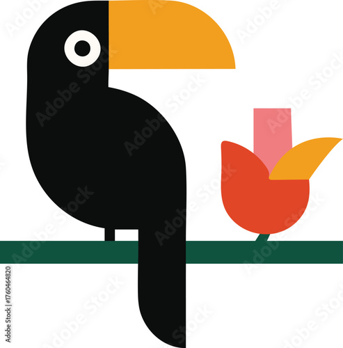 Minimalist Toucan Vector on Branch with Tropical Flower