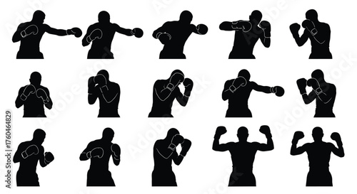 Vector art of silhouette of a boxer in various poses boxing figures in black perfect for sportsthemed designs and illustrations fighting and combat sports