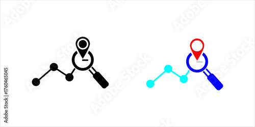 Black route tracking icon set, simple 2 pins searching flat design vector pictogram, Destination vector icon isolated on white background,	

