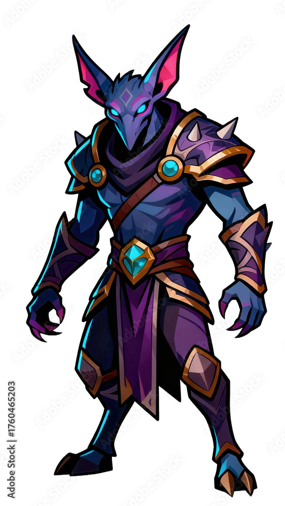 Fototapeta premium Anthropomorphic creature in dark fantasy armor stands against a solid black background