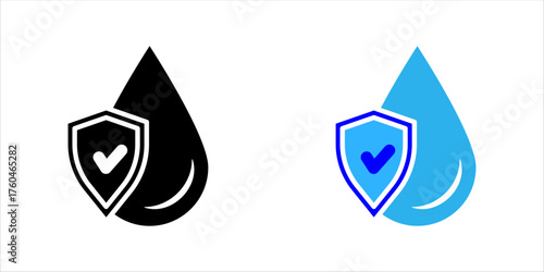 Waterproof icon set. Water resistant symbol. Water protection, liquid proof protection. Shield with water drop. Anti wetting material, surface protection. Waterproof logo, label, badge, line, vector.	