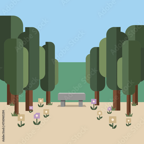 Peaceful park scene with trees, flowers, and a bench, perfect for relaxation or enjoying nature's beauty, inviting tranquility and a serene escape from the everyday hustle