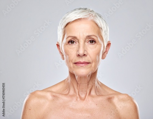 Portrait of a Senior Woman with Gray Hair and Serious Expression　白髪の高齢女性のポートレート（真顔・正面）