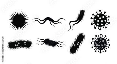 Various representations of bacteria and viruses in a black and white style