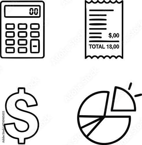 Financial and Accounting Icons Set Calculator Receipt Dollar Sign and Pie Chart.