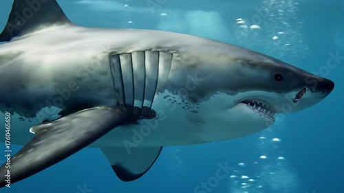 A large shark swims in the deep blue ocean, showing off its teeth and swimming towards the viewer with a majestic appearance in aquatic wildlife.