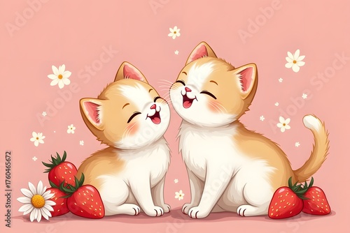 stylized illuminated Kittens and strawberries. Funny drawing. cats with flowers on a pink background