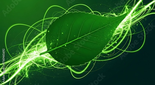 A vibrant green leaf surrounded by glowing energy swirls and particles