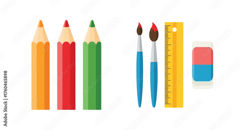 Obraz premium Colorful school supplies arranged in a neat row including pencils and brushes