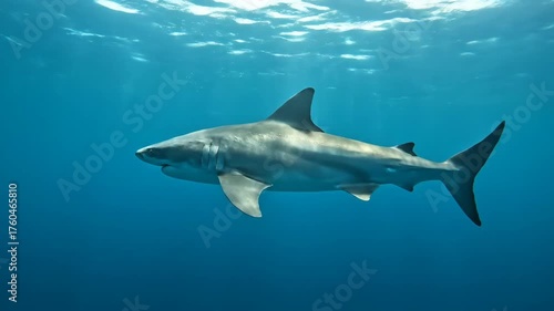 Observing a sleek, powerful shark gliding gracefully through the deep blue ocean depths, illuminated by the sun's rays filtering through the water's surface, evoking a sense of the underwater...