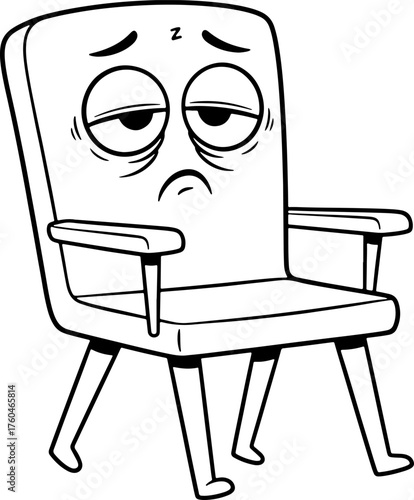 Tired cartoon armchair character with droopy eyes expressing exhaustion and boredom