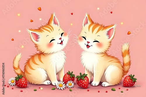 stylized illuminated Kittens and strawberries. Funny drawing. Stylized cats with flowers on a pink background