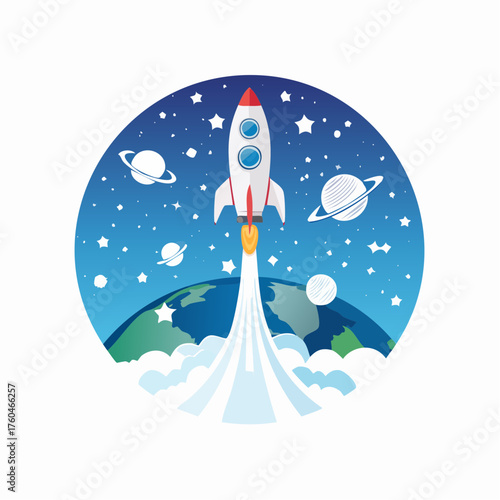 Flat illustration of a white rocket launching into a starry night sky with planets and a crescent moon around the curved Earth.