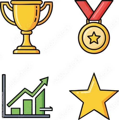 Set of achievement and success vector icons on white background.