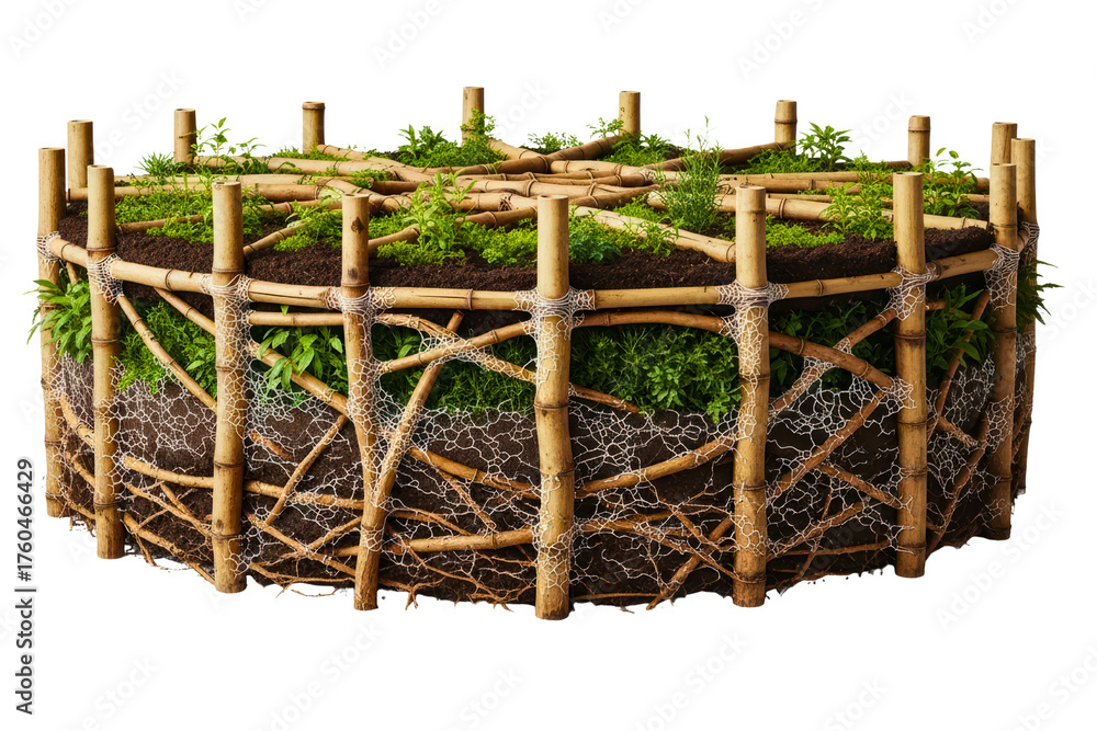 Obraz premium Round raised garden bed made of woven bamboo with small plants isolated on transparent background