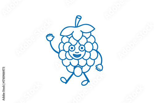 A cheerful blue raspberry cartoon figure walks and waves happily on a white background
