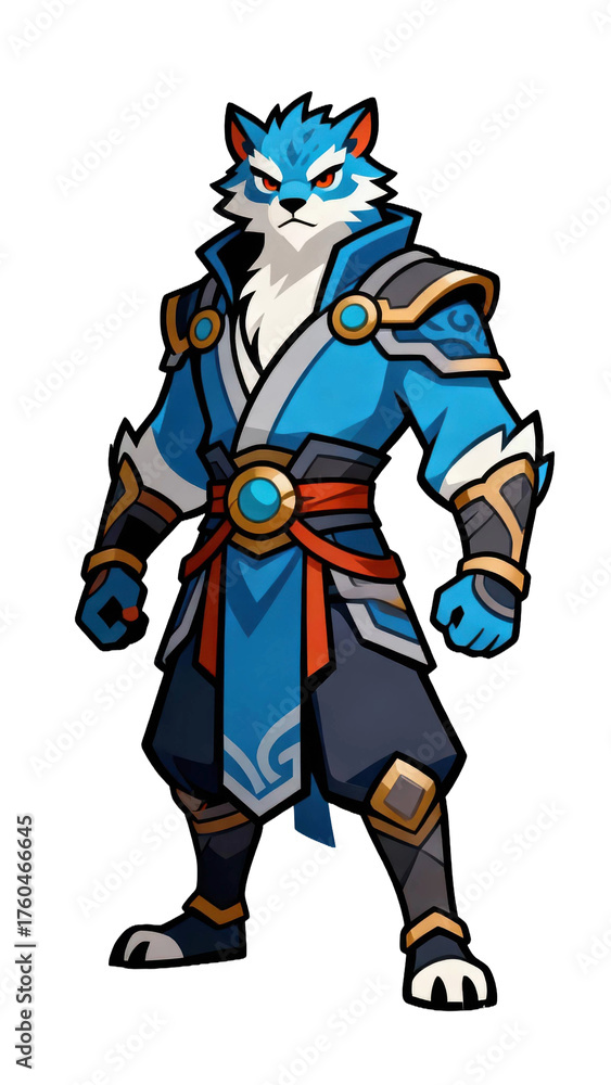 Obraz premium Anthropomorphic canine warrior clad in stylized martial arts armor stands ready for battle