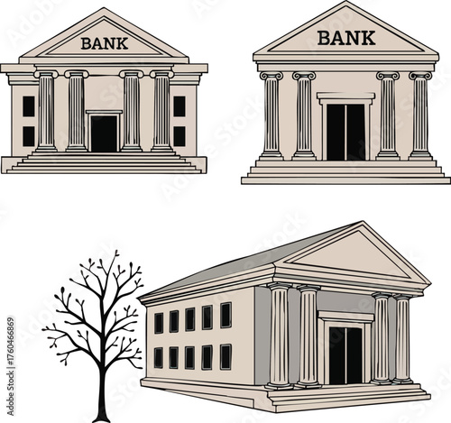 Collection of Classical Bank Buildings and a Bare Tree.