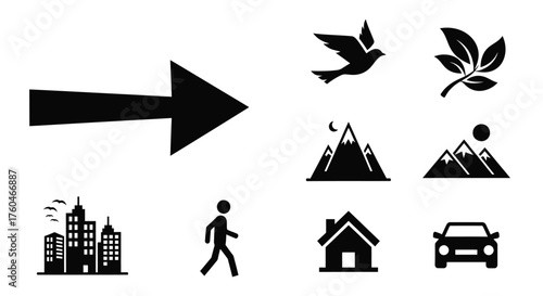 Simple black and white icons depicting nature travel and urban life
