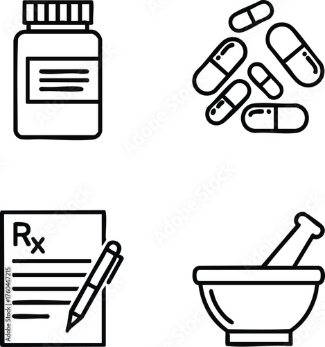 Medical Icons Representing Pharmacy and Healthcare Services.