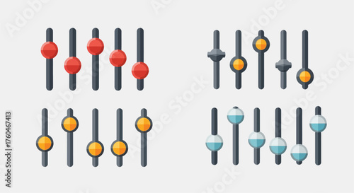 Collection of audio or volume control sliders with various color schemes