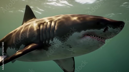 Underwater perspective captures a large, menacing shark, showcasing its sharp teeth and powerful form swimming in a tranquil, turquoise ocean environment, illuminated by filtered sunlight from above.