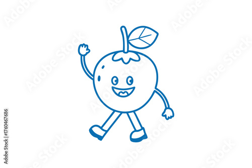 Blue line cartoon fruit smiles and cheerfully waves as it walks across the white background