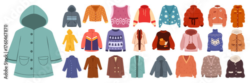 Winter clothes collection illustration with various coats, sweaters, jackets, and accessories