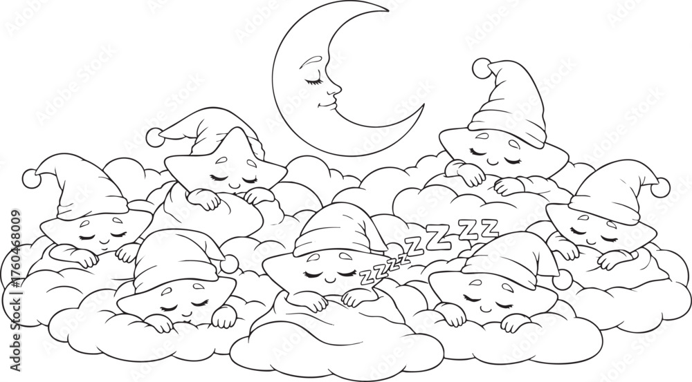 Fototapeta premium Cute Sleeping Clouds and Moon Coloring Page
