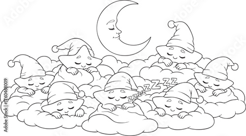 Cute Sleeping Clouds and Moon Coloring Page
