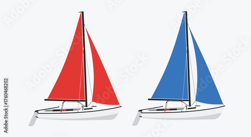 Two sailboats with red and blue sails against a white background