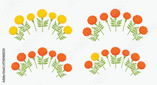 A colorful arrangement of marigold flowers with green stems on white