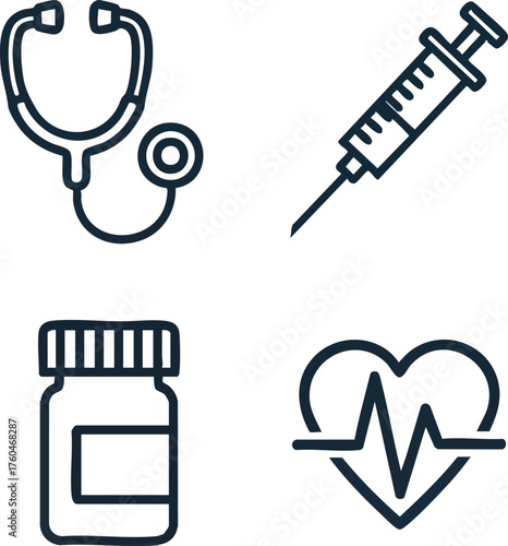 Medical Health Care Icons Set Stethoscope Syringe Pills Heartbeat.