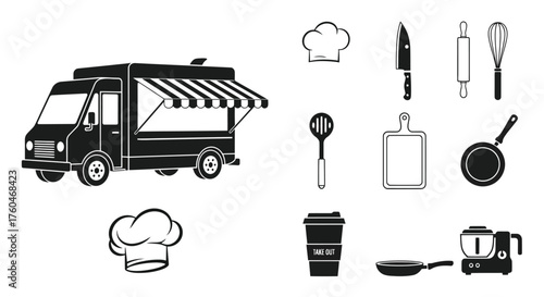 Food truck and cooking utensils a black and white illustration set