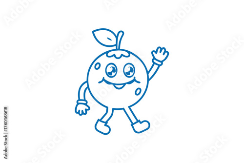 Cartoon orange fruit character walks cheerfully, waving with happiness and joy in blue