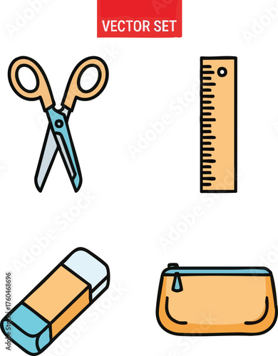 School Supplies Scissors Ruler Eraser and Pencil Case Illustration.