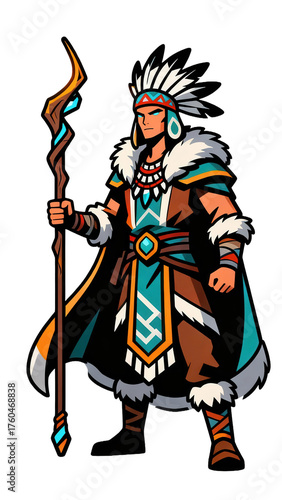 Stylized illustration of a warrior figure wearing traditional attire and holding a mystical staff
