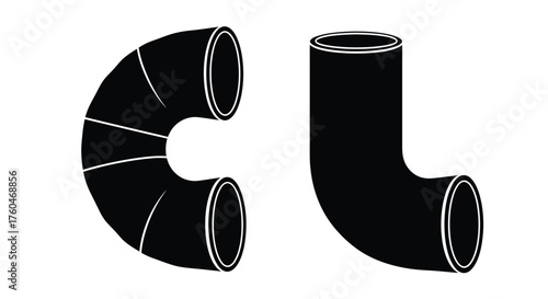 Simple black and white illustration of two industrial pipe bends shown separately