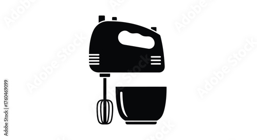 Simple black and white illustration of an electric hand mixer and bowl