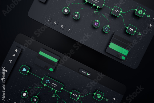 AI workflow automation artificial intelligence software interface nodes triggers data tool dashboard coding icon flow process technology 3d rendering.