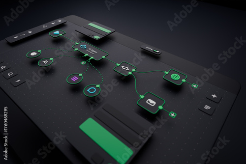 AI workflow automation artificial intelligence software interface nodes triggers data tool dashboard coding icon flow process technology 3d rendering.