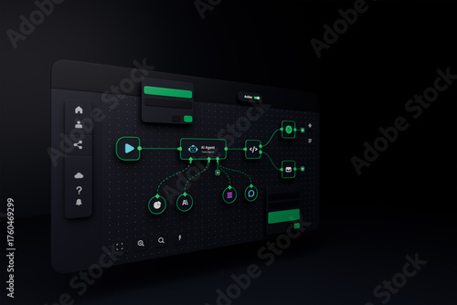 AI workflow automation artificial intelligence software interface nodes triggers data tool dashboard coding icon flow process technology 3d rendering.