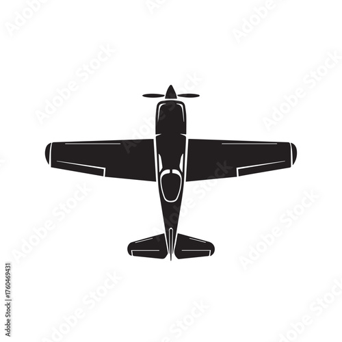 Topdown view of a small singleengine propeller airplane in black silhouette.