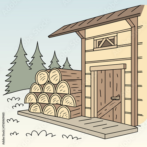 Wood storage shed with stacked logs in snowy forest landscape  