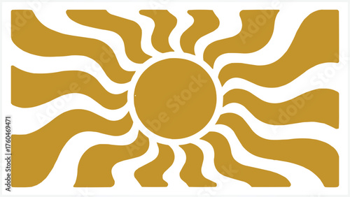 Minimal retro sun illustration with wavy rays in mustard color for boho aesthetic artwork and t shirt design