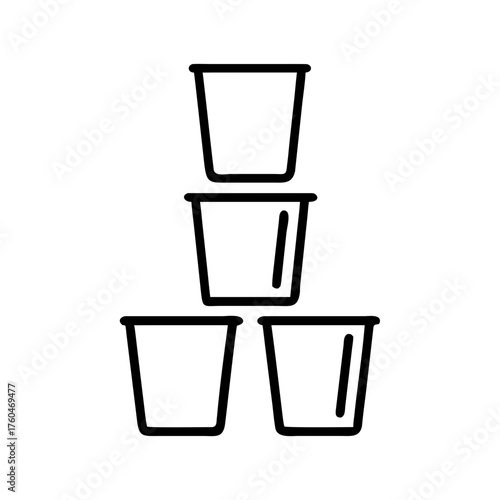 Stack of four empty plastic cups in simple line art design  