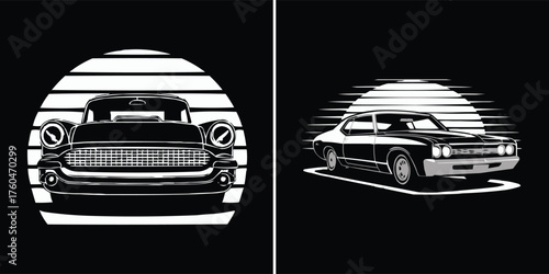 Classic muscle car silhouette with retro sunset stripes for vintage automotive artwork and t shirt design